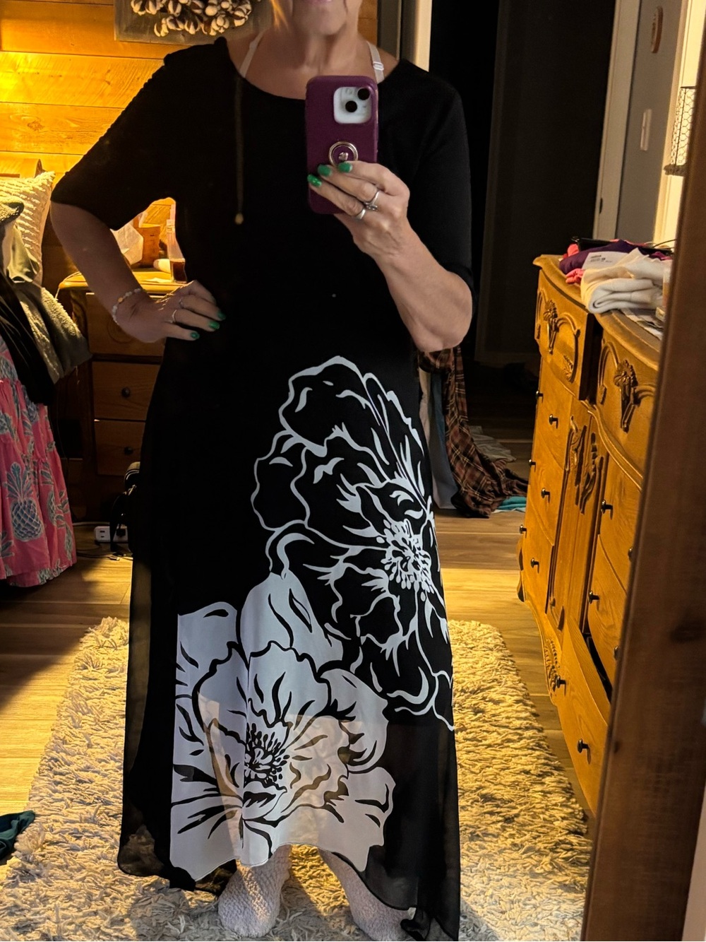 Peter Nygard Black Maxi Dress with White Sheer Floral Print